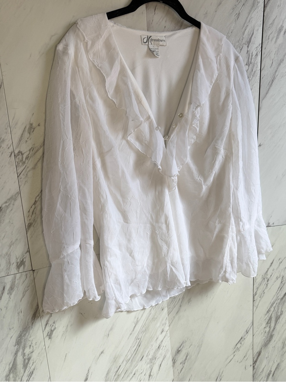 Dressbarn White Ruffled V-Neck Blouse Large Y2K Coquette Fairycore Flared